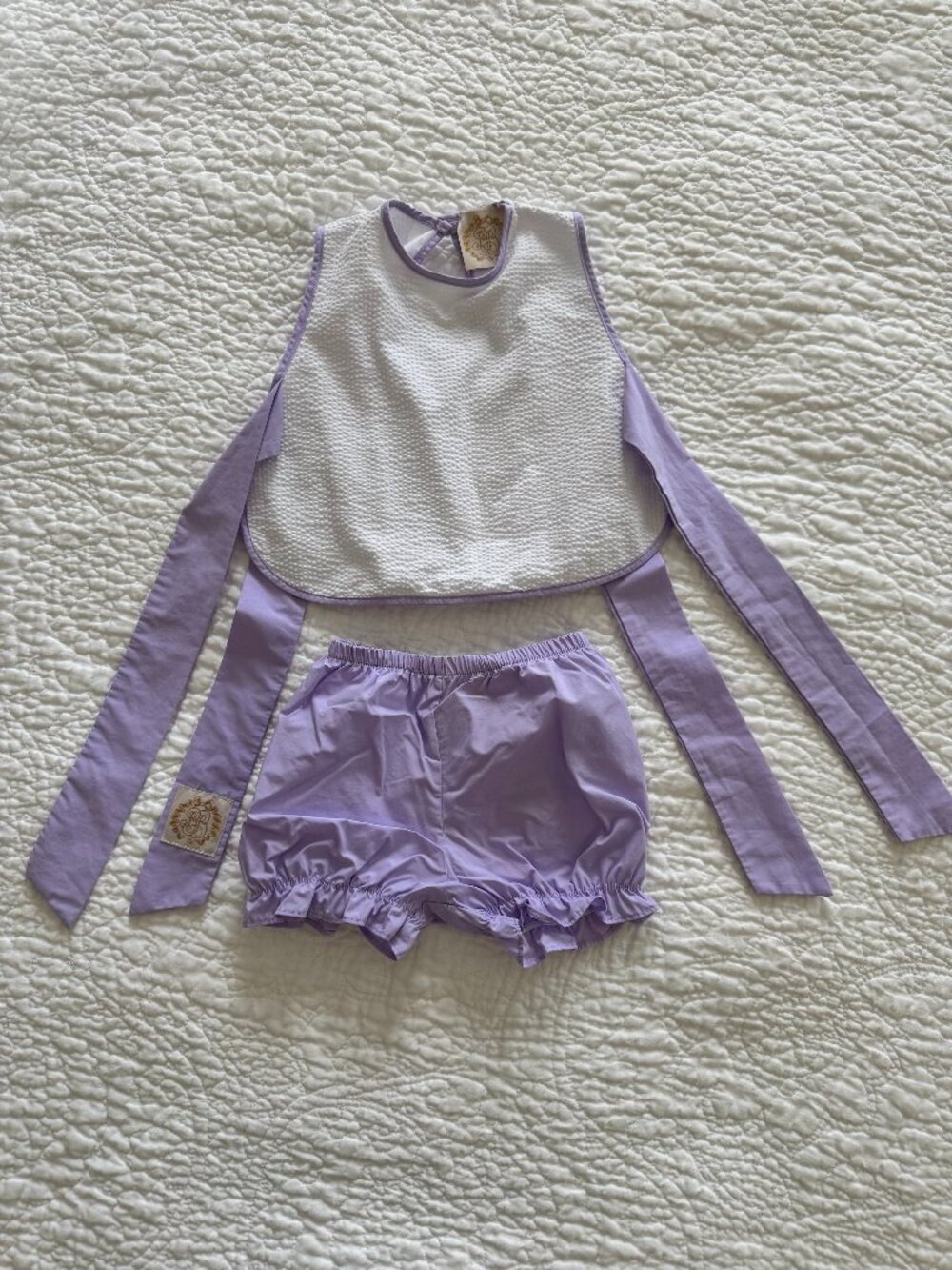 The Beaufort Bonnet Company Talbott Tie Side Set - Lavender and White 12/18 m